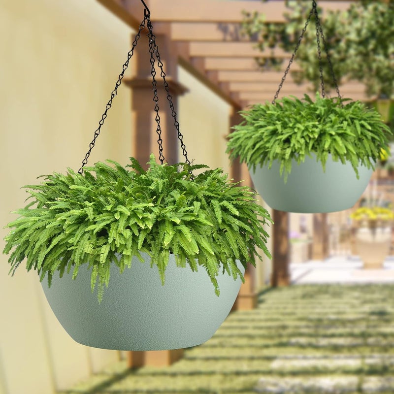 WOUSIWER 13 inch 2 Pack Large Hanging Planters for Indoor Outdoor Plants with Drainage Holes and Chain, Round Hanging Flower Pots for Garden Home Porch Decor, Green - Image 5